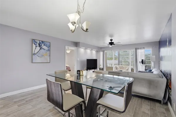 a view of a dining room with furniture wooden floor and chandelier