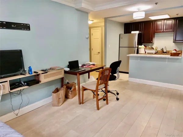 a work place with table and chairs