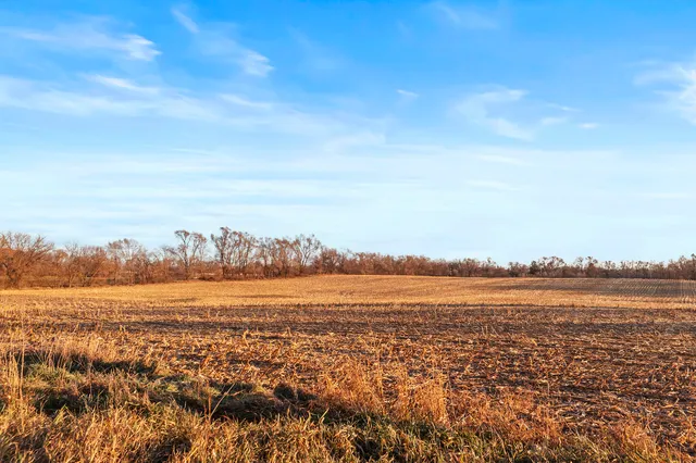 a view of a barn with big yard