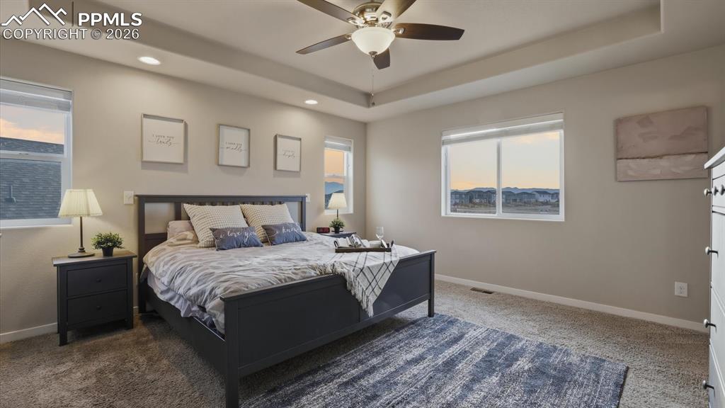 7872 Callendale Drive Colorado Springs, CO 80908 - Photo 23 of 50 The upper level Primary Bedroom is a private retreat with neutral carpet, a lighted ceiling fan, and adjoining shower bathroom with walk in closet.