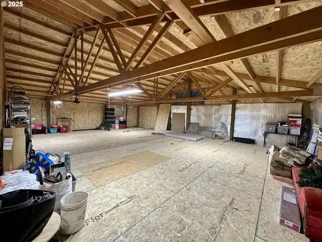 a view of a garage with storage