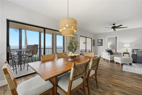 a view of a dining room with furniture window and wooden floor