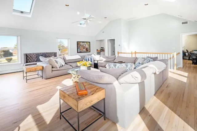 a living room with furniture and a wooden floor