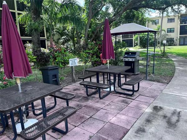 a view of a dinning table and chairs in backyard