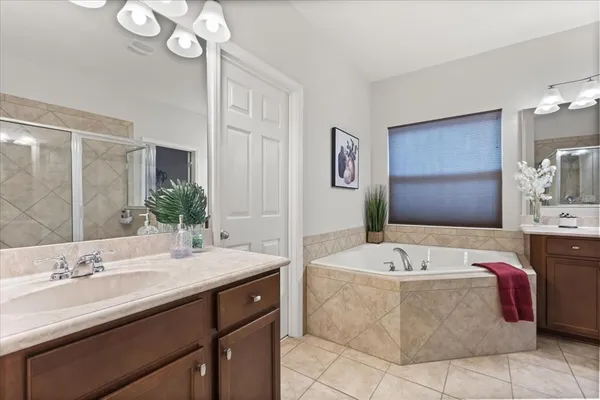 a bathroom with a tub sink and mirror