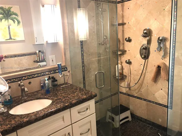 a bathroom with a granite countertop sink a mirror and a shower