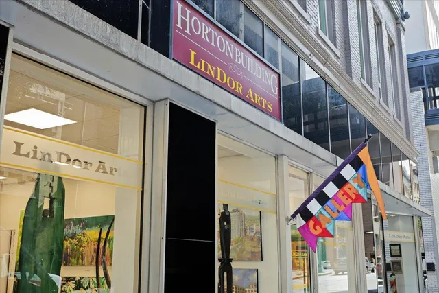 a living room with furniture a bookshelf and a chandelier