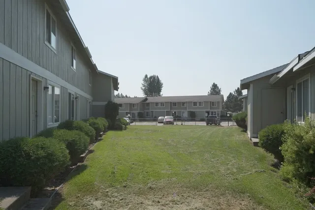 a view of a garden with plants and seating area