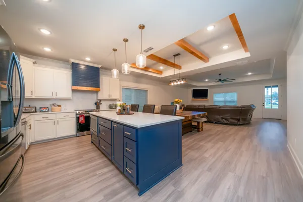 a kitchen with lots of counter top space