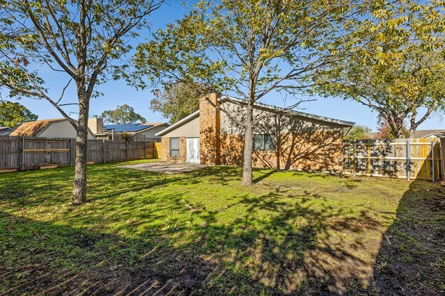 a view of a yard with plants and large trees