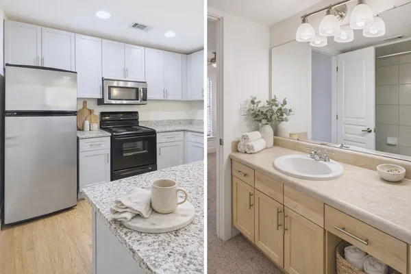 a kitchen with stainless steel appliances granite countertop a sink a stove a refrigerator and cabinets