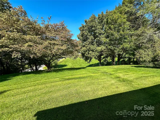 a view of a field of grass and trees