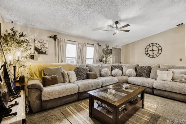 a living room with furniture a rug and a window