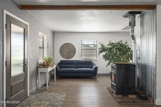 a living room with furniture a potted plant and a fireplace