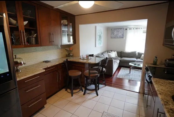 a view of a dining room with furniture