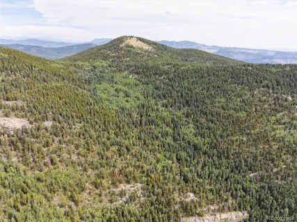 a view of a mountain in the distance in a field