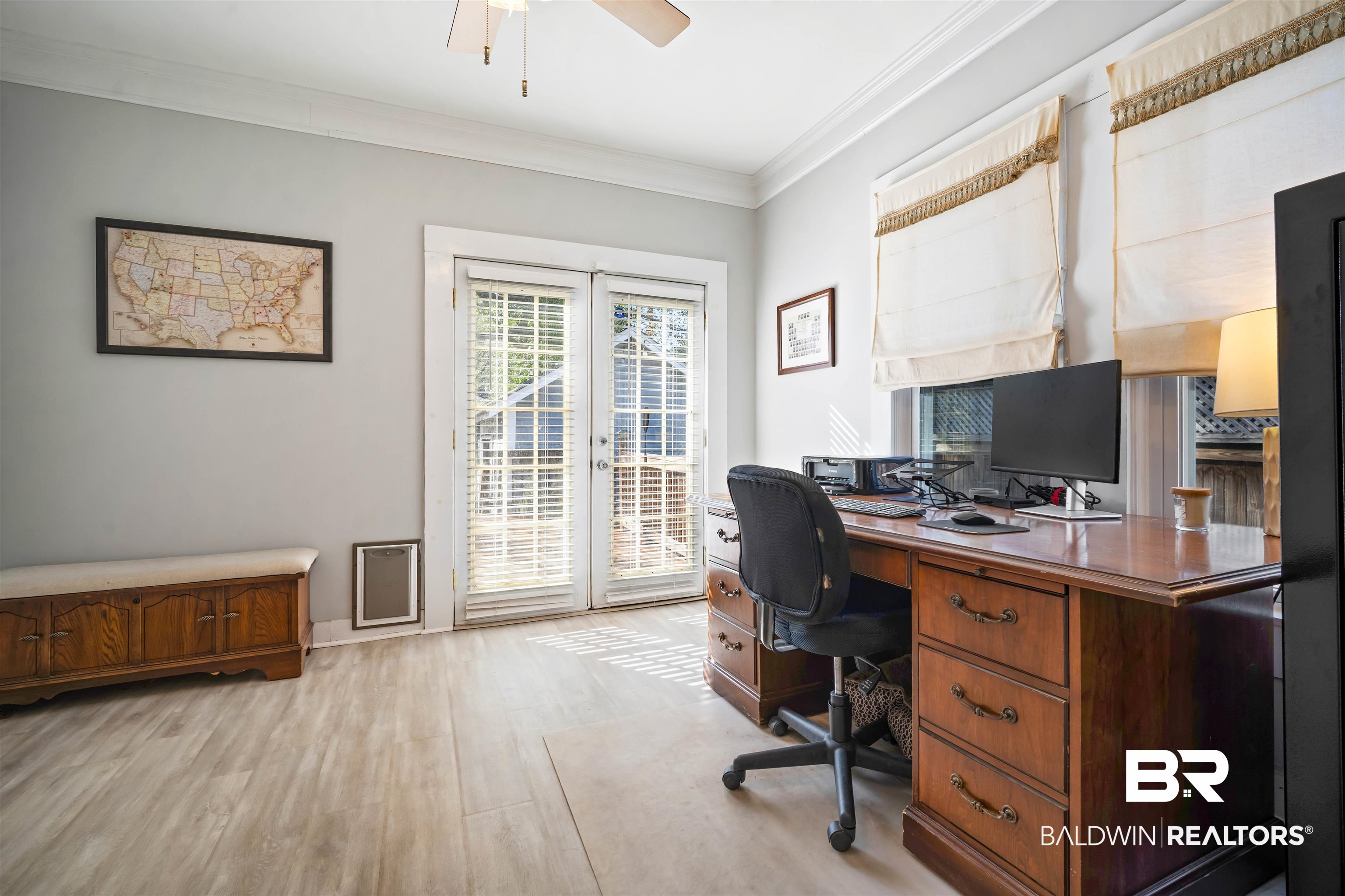 168 Mohawk Street Mobile, AL 36606 - Photo 20 of 31 Home office featuring french doors, crown molding, light wood-style floors, and a ceiling fan