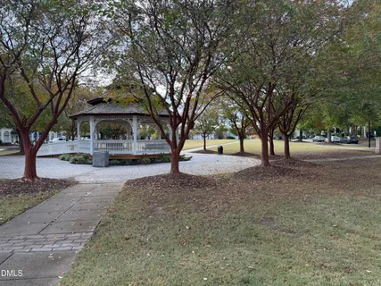 a view of a park with large trees