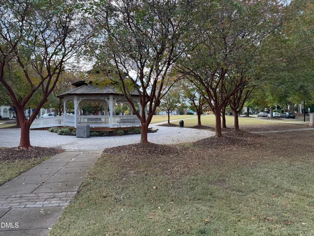 a view of a park with large trees