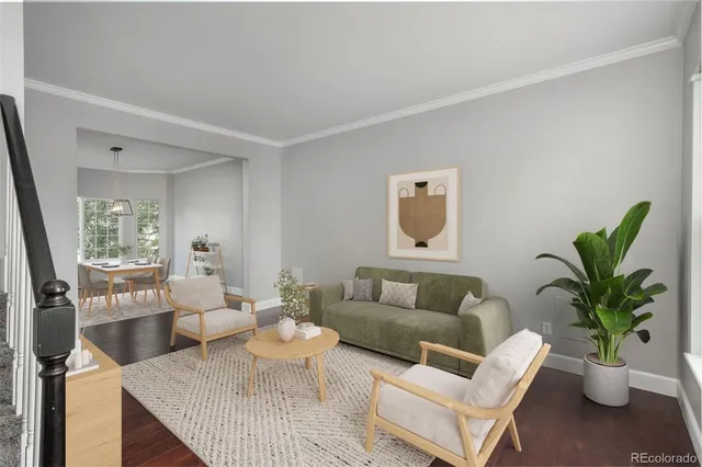 a living room with furniture potted plant and window