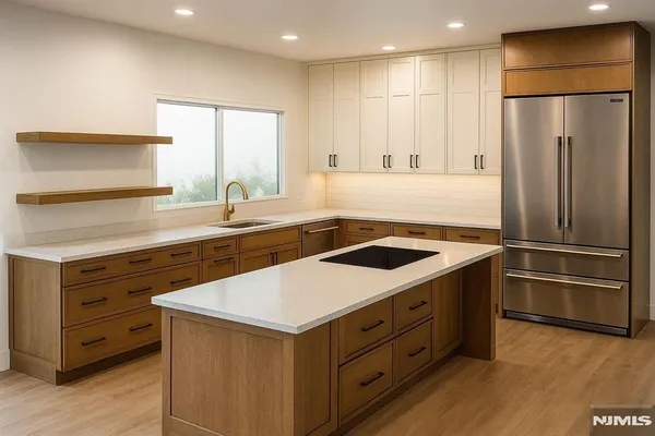 a kitchen with a sink stove and refrigerator