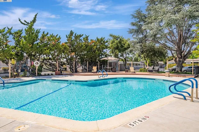 a view of swimming pool and trees in the background