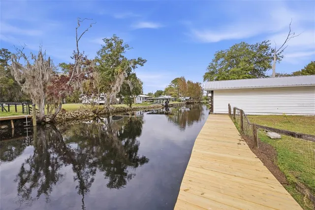 a lake view with boat and palm trees