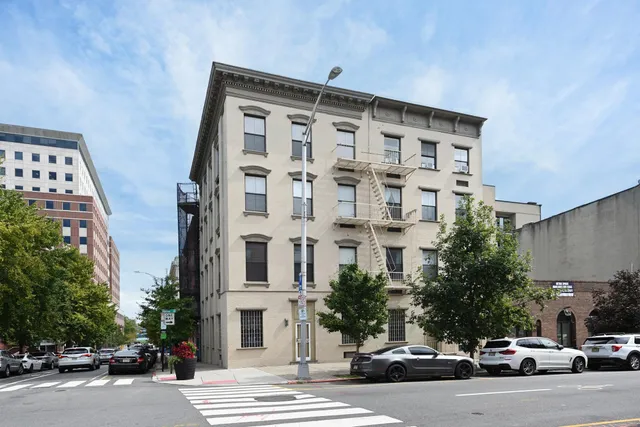 front view of a building with a street