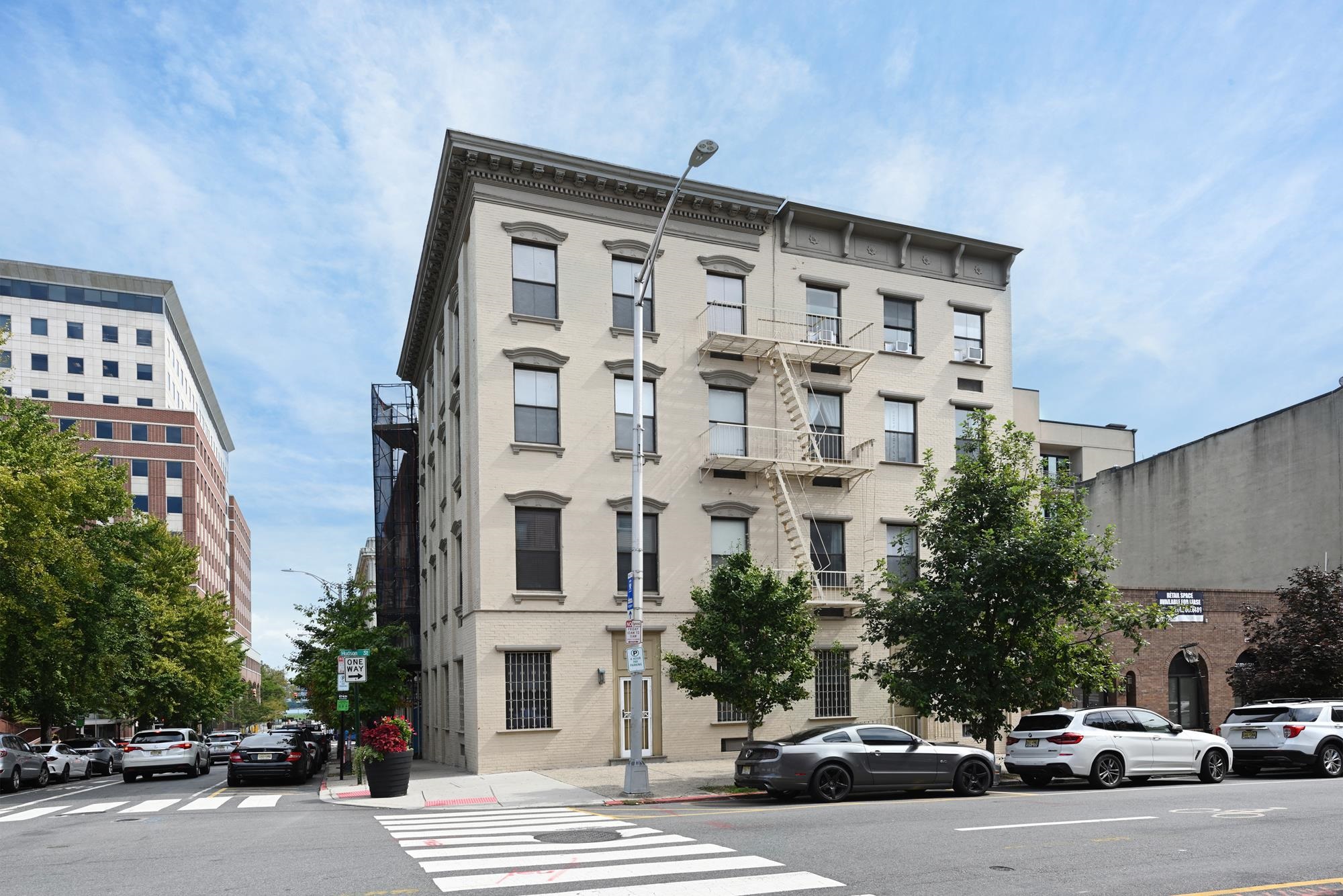 front view of a building with a street