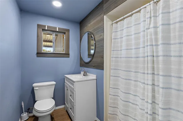 a bathroom with a toilet a sink and a shower curtain