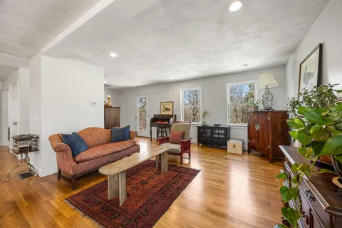 a living room with furniture or wooden floor and a potted plant
