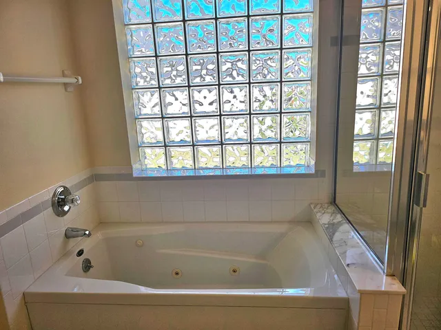 a bathroom with a bathtub