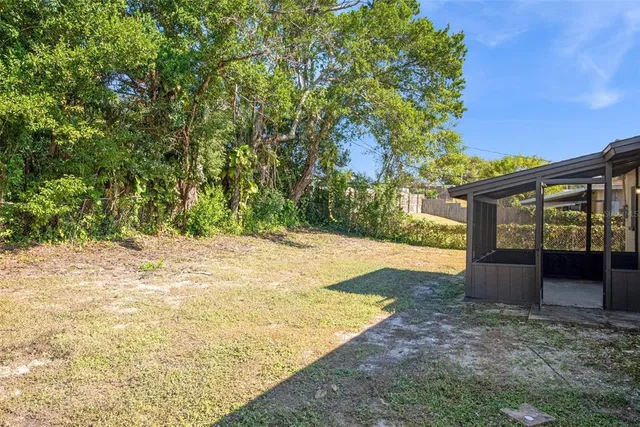 a view of a backyard with large trees