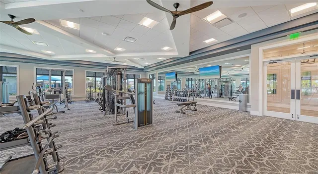 a view of a building with sitting area