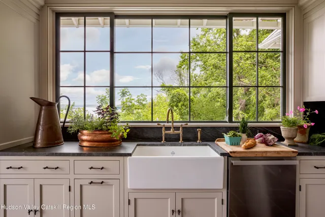 a view of a dining table with a potted plant