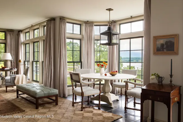 a view of a dining room with furniture window and outside view