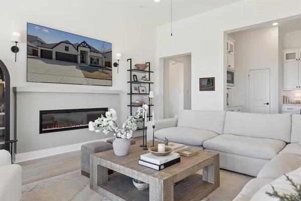 a living room with furniture and a fireplace