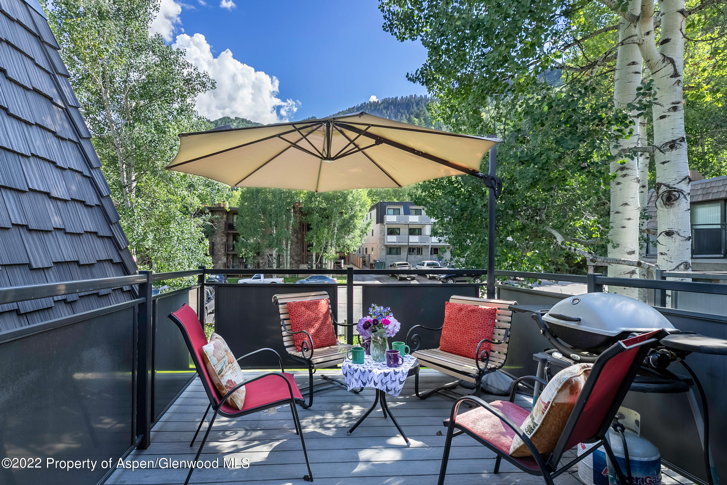 124 East Durant Avenue, Unit 4 Aspen, CO 81611 - Photo 12 of 13 an outdoor sitting area with furniture and umbrella