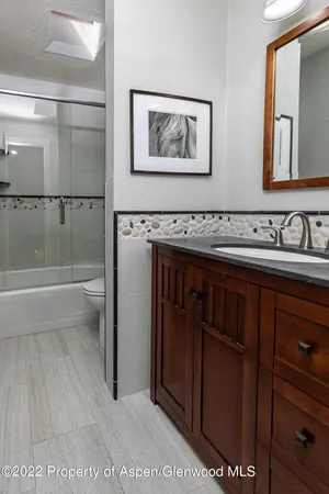 a bathroom with a sink a toilet and shower