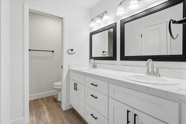 a bathroom with double vanity sink a mirror and a toilet
