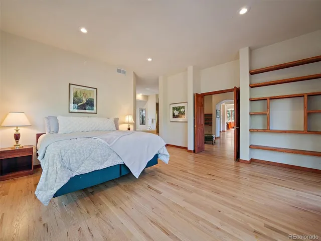 a spacious bedroom with a bed and closet