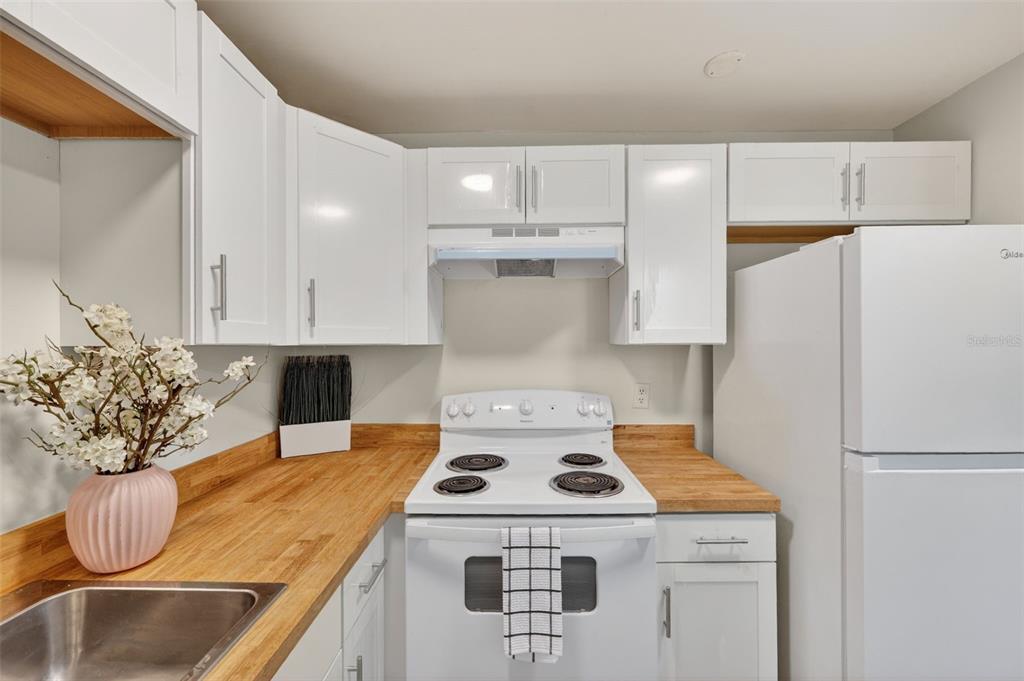 11715 Raintree Village Boulevard, Unit A Temple Terrace, FL 33617 - Photo 3 of 30 a kitchen with a refrigerator a stove a sink and white cabinets