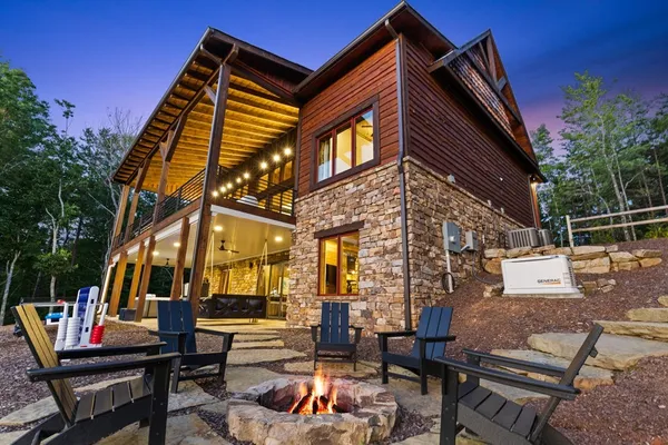 a view of a building with sitting area