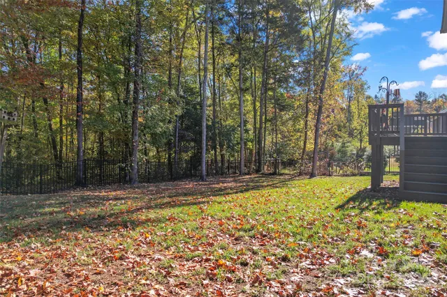 a view of a backyard with large trees