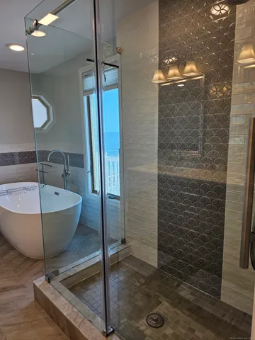 a bathroom with a bathtub and shower