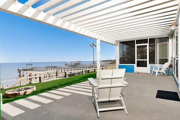 a building outdoor space with patio furniture