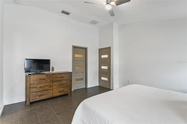 a bedroom with a bed and a flat screen tv