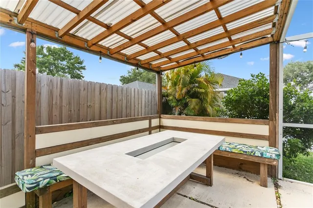 a view of a patio with a table and chairs