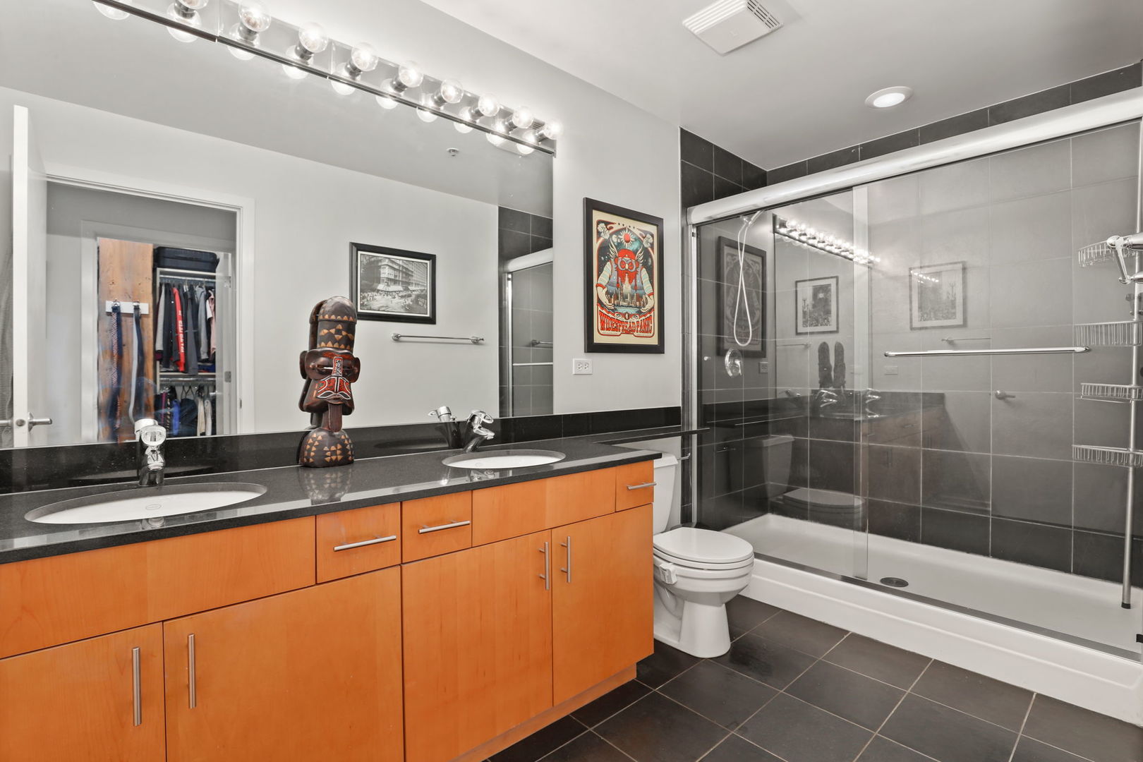 1040 West Adams Street, Unit 224 Chicago, IL 60607 - Photo 16 of 32 a bathroom with a double vanity sink toilet mirror and shower