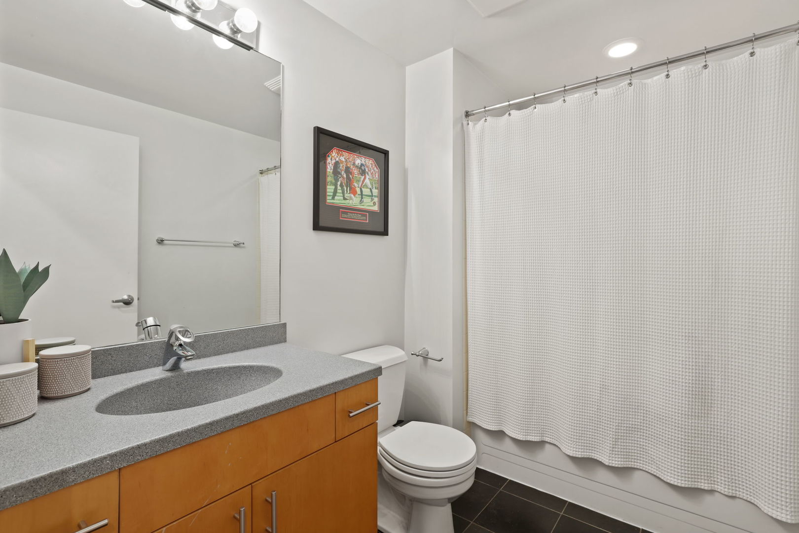 1040 West Adams Street, Unit 224 Chicago, IL 60607 - Photo 20 of 32 a bathroom with a granite countertop sink toilet and a mirror